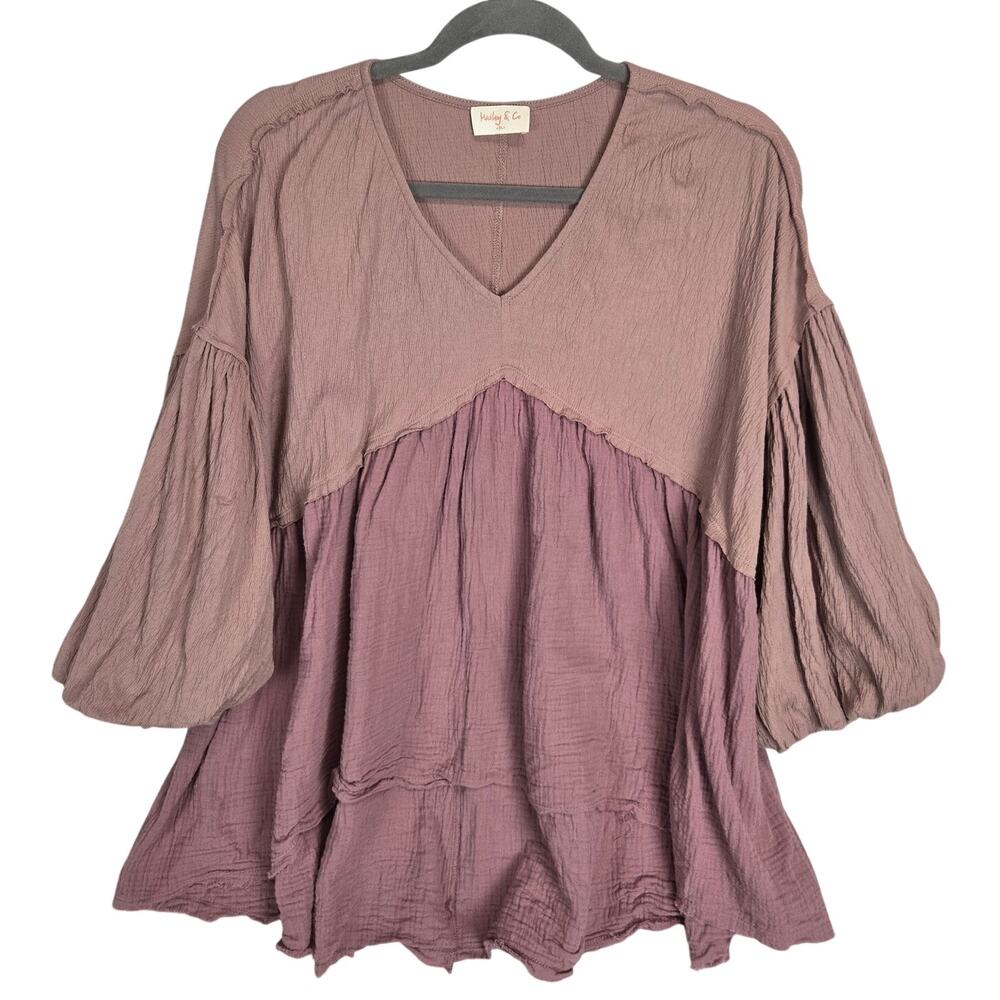 Hailey & Co Muted Pink Lagenlook Top M Oversized Puff Sleeve Boho Asymmetric Raw